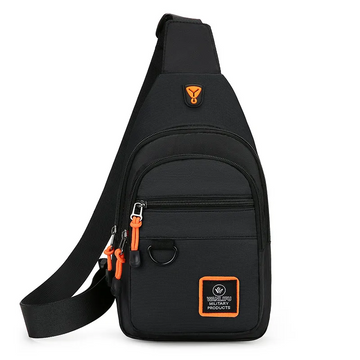 Black sling bag with orange accents, ideal for travel or daily use, featuring multiple zippers and a durable design.