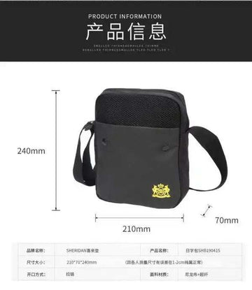 Black Sheridán crossbody bag with gold emblem, 240mm height, nylon material, ideal for travel or daily use