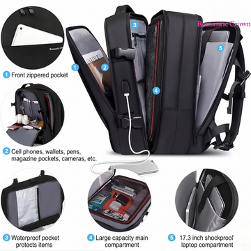 Black travel backpack with 17.3-inch laptop compartment, waterproof pockets, USB charging, and large capacity storage