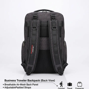 Business traveler backpack back view with breathable air-mesh panel and adjustable padded straps for comfort and travel