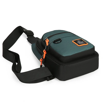 Compact green and black waist bag with orange zipper pulls, ideal for travel and daily use.