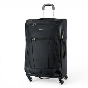 Black Samsonite rolling suitcase with 4 wheels and front pockets, ideal for travel luggage