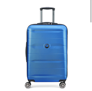 Blue hard-shell travel suitcase with 4 spinner wheels and telescopic handle