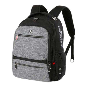 Black and gray backpack with multiple zippered compartments, laptop sleeve, and padded straps