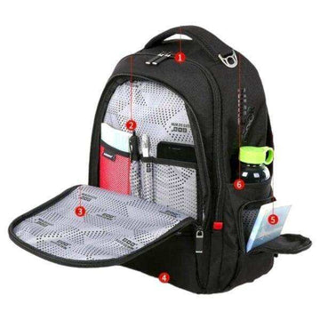 Black backpack with organized compartments, water bottle holder, and interior pockets for school or laptop use