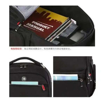 Black laptop backpack with organized compartments for documents and secure front zipper pocket
