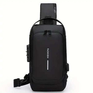 Black crossbody sling bag with USB charging port and front zipper pocket