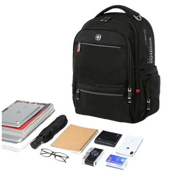 Black laptop backpack with multiple pockets, surrounded by gadgets, books, and accessories