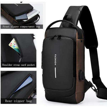 Black crossbody sling bag with multiple zipper pockets and adjustable strap, ideal for travel.
