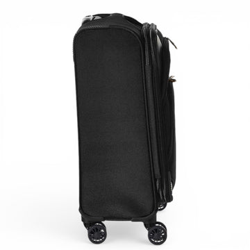 Black rolling travel suitcase with 4 spinner wheels, side view