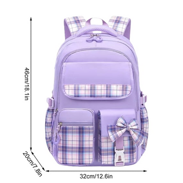 A light purple backpack with plaid accents, shown with dimension lines indicating a height of 46cm, width of 32cm, and depth of 20cm.