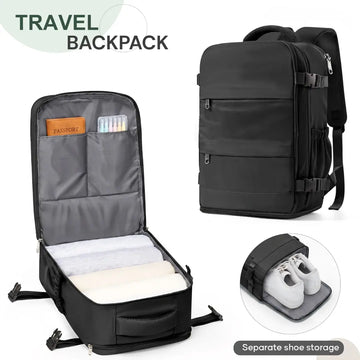 Black travel backpack shown closed and open on a white background, with text reading 'TRAVEL BACKPACK' and a circular inset showing separate shoe storage.