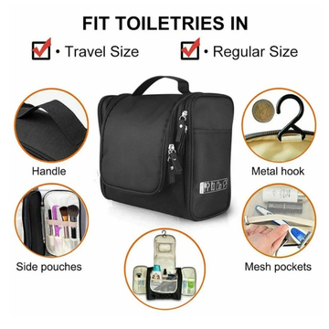 Black travel toiletry bag with side pouches, mesh pockets, metal hook, and handle for travel size & regular size items