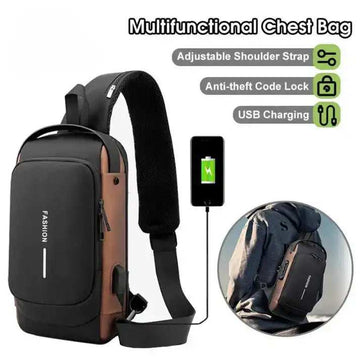 Brown and black multifunctional chest bag with adjustable strap, USB charging, anti-theft lock