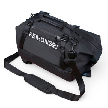 Black duffel bag with 'FEIHONGGU' branding on a white background