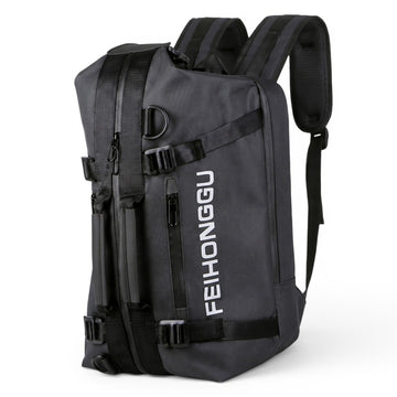 Black FEIHONGGU travel backpack with multiple zippers and straps, ideal for students and laptop carry