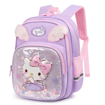 Purple Hello Kitty kids backpack with glitter wings and floral design, perfect for school or travel