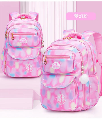 Dreamy pink student backpacks with pastel tie-dye, heart zippers, and pom-pom charms for school or travel