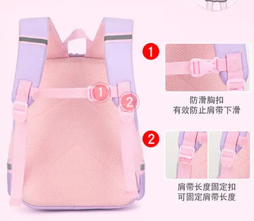 Pink and purple kids school backpack with adjustable straps and anti-slip chest buckle for comfort