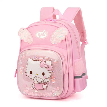 Pink Hello Kitty student backpack with glitter wings and front pocket, ideal for school or travel