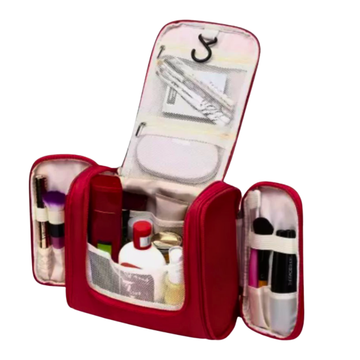 Red travel toiletry bag with organized compartments for makeup and skincare essentials