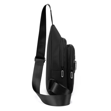 Black slim crossbody bag with adjustable strap and multiple zip pockets for travel or daily use