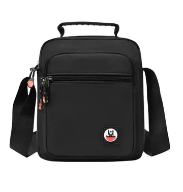 Black crossbody travel bag with adjustable strap and front zipper pocket for daily use or short trips