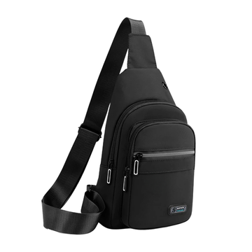 Black waterproof sling bag with multiple zippers, ideal for travel, students, and daily use