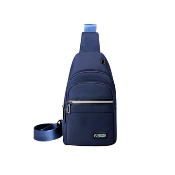 Navy blue sling bag with adjustable strap, front zip pocket, and durable fabric for travel or daily use.