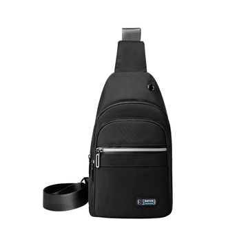 Black sling bag with adjustable strap, front zip pocket, and Suovate logo, ideal for travel and daily use.