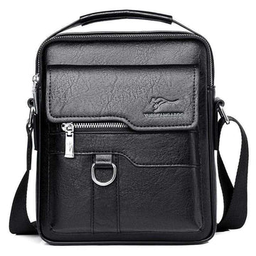 Black leather crossbody messenger bag with top handle and front pockets