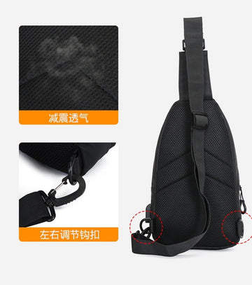 Black mesh sling backpack with adjustable strap and shock-absorbing back panel for travel or daily use