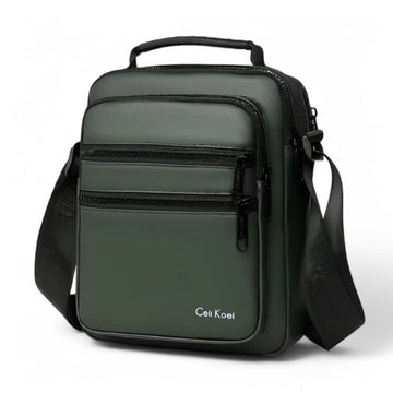 Green Celi Koel crossbody bag with multiple zippers and adjustable strap, ideal for travel or daily use.