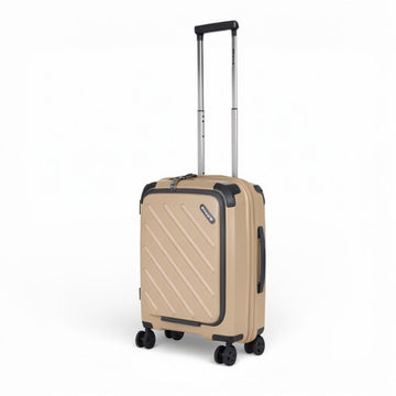 Beige hardshell carry-on suitcase with 4 wheels and extendable handle for travel