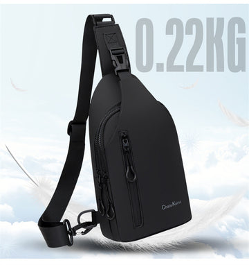 Lightweight black sling bag, 0.22kg, ideal for travel and daily use with secure zippers and adjustable strap