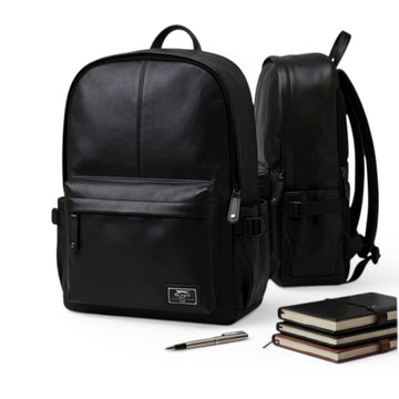 Black leather laptop backpack for students & travel, shown with notebooks and pen