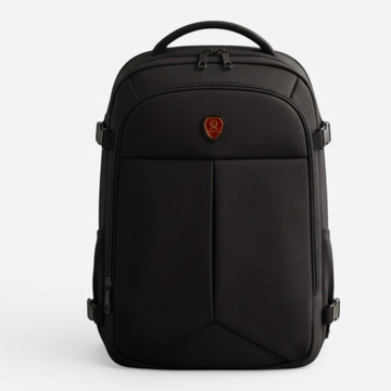 Black travel backpack with red logo, ideal for students and laptop storage