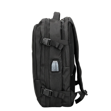 Black travel backpack with USB charging port and adjustable straps