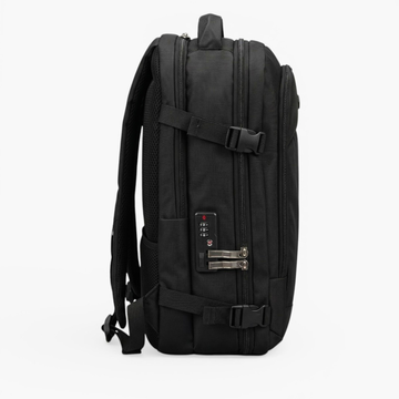 Black travel backpack with secure lock and multiple zippers for student or laptop use
