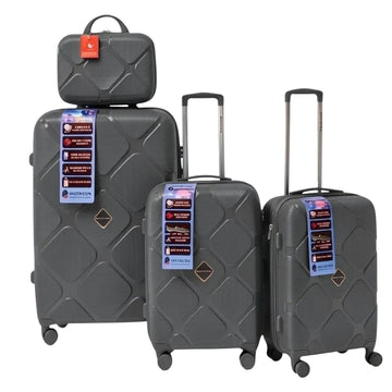 Black diamond-patterned travel luggage set with tags, ideal for students and travelers
