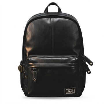 Black leather backpack with front pocket, ideal for students and travel, featuring durable zippers and brand patch.