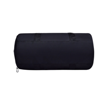 Black duffel bag for travel or gym, compact design with top handles and side zipper