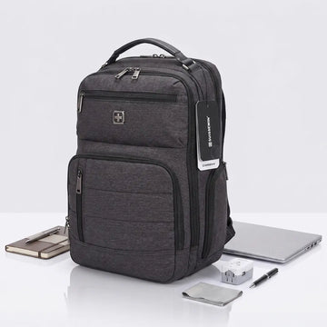 Suissewin laptop backpack with multiple pockets, ideal for students and travelers, shown with notebook and charger