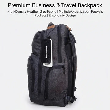Premium heather grey business travel backpack with multiple pockets and ergonomic design