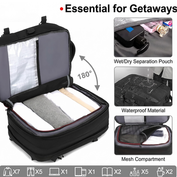 Black travel backpack with 180° opening, waterproof material, wet/dry pouch & mesh compartment for getaways