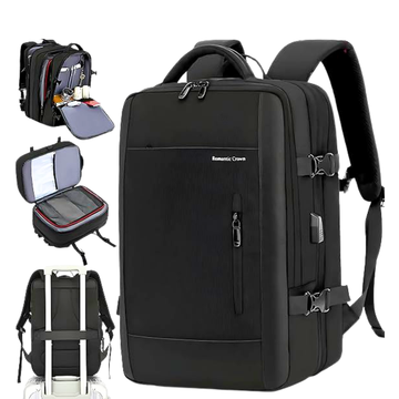 Black Romantic Crown travel backpack with laptop compartment, USB port, and luggage strap for easy mobility
