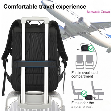 Black travel backpack with trolley sleeve, fits overhead & under airplane seat for comfortable trips