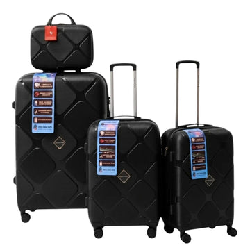 Black diamond-patterned travel luggage set with tags, ideal for students and travelers