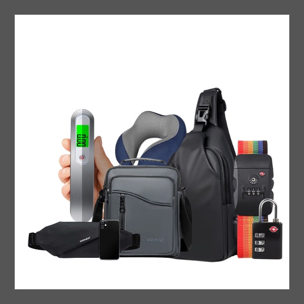 "Brand new travel accessories, still in packaging, including a travel pouch, luggage locks, luggage belts, and a neck pillow."