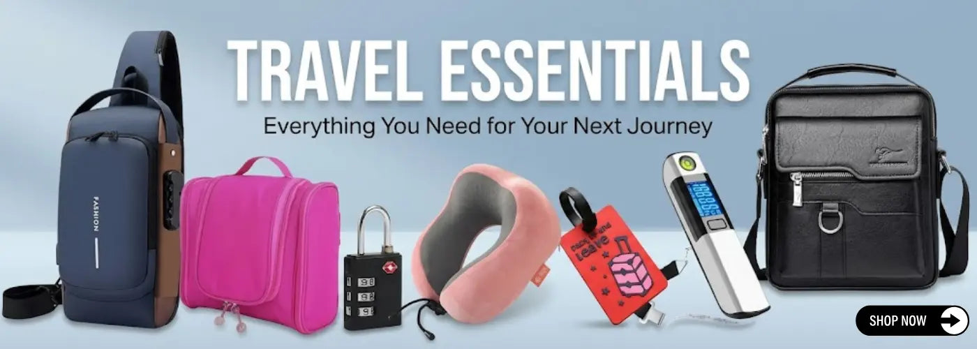 "Brand new travel accessories, still in packaging, including a travel pouch, luggage locks, luggage belts, and a neck pillow."